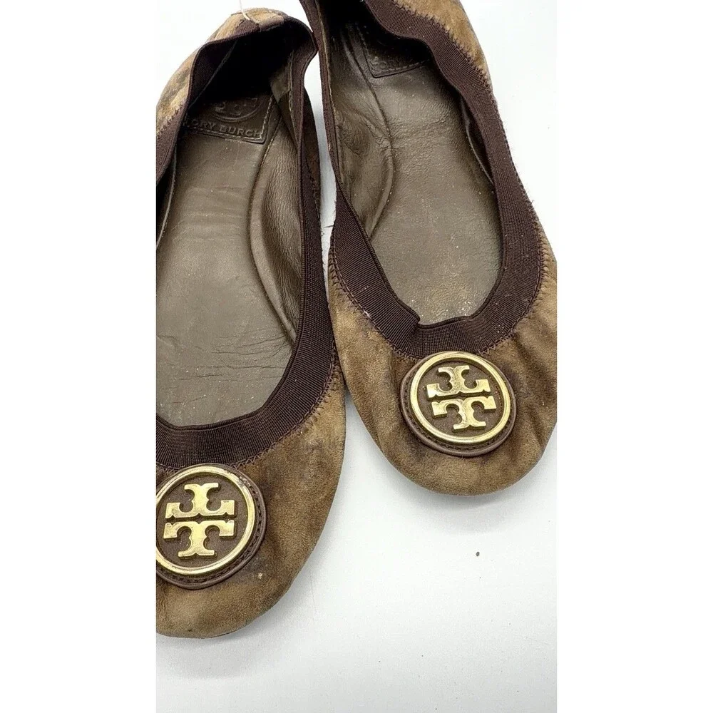 TORY BURCH Elastic Logo Caroline Suede Ballerina Ballet Flats Brown 7M